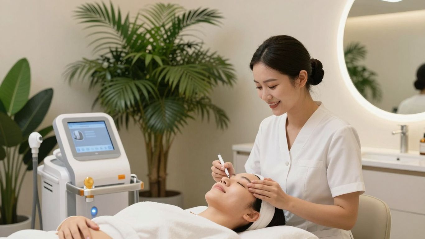 Modern medspa interior with client receiving facial treatment.