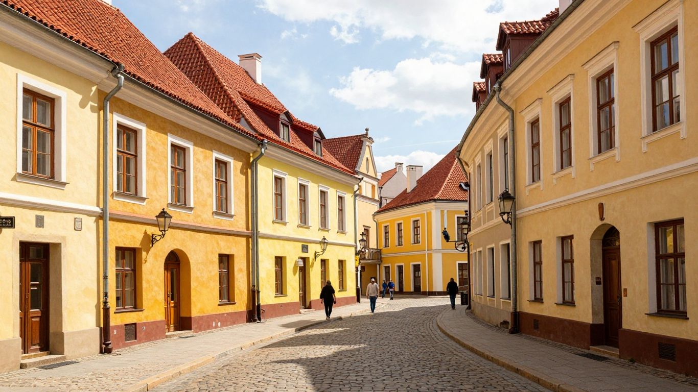 Vilnius, Lithuania cobblestone street with colorful buildings.