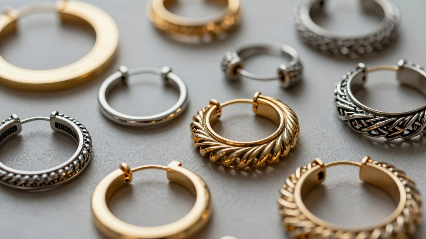 Collection of stylish gold and silver ear hoop earrings.