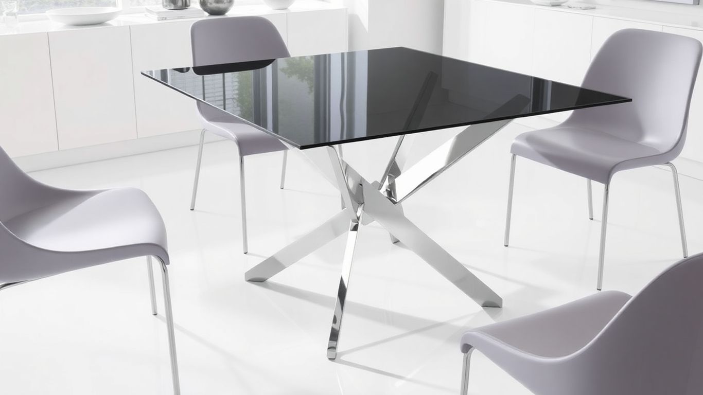 Chrome and black glass dining table in modern room