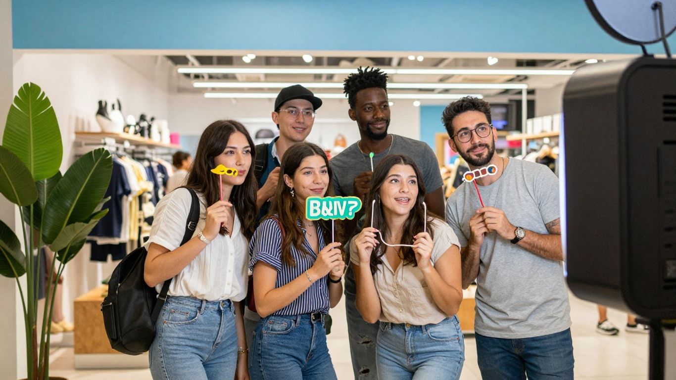 Glückliche Kunden in einer Fotobox im Einzelhandel in NRW.