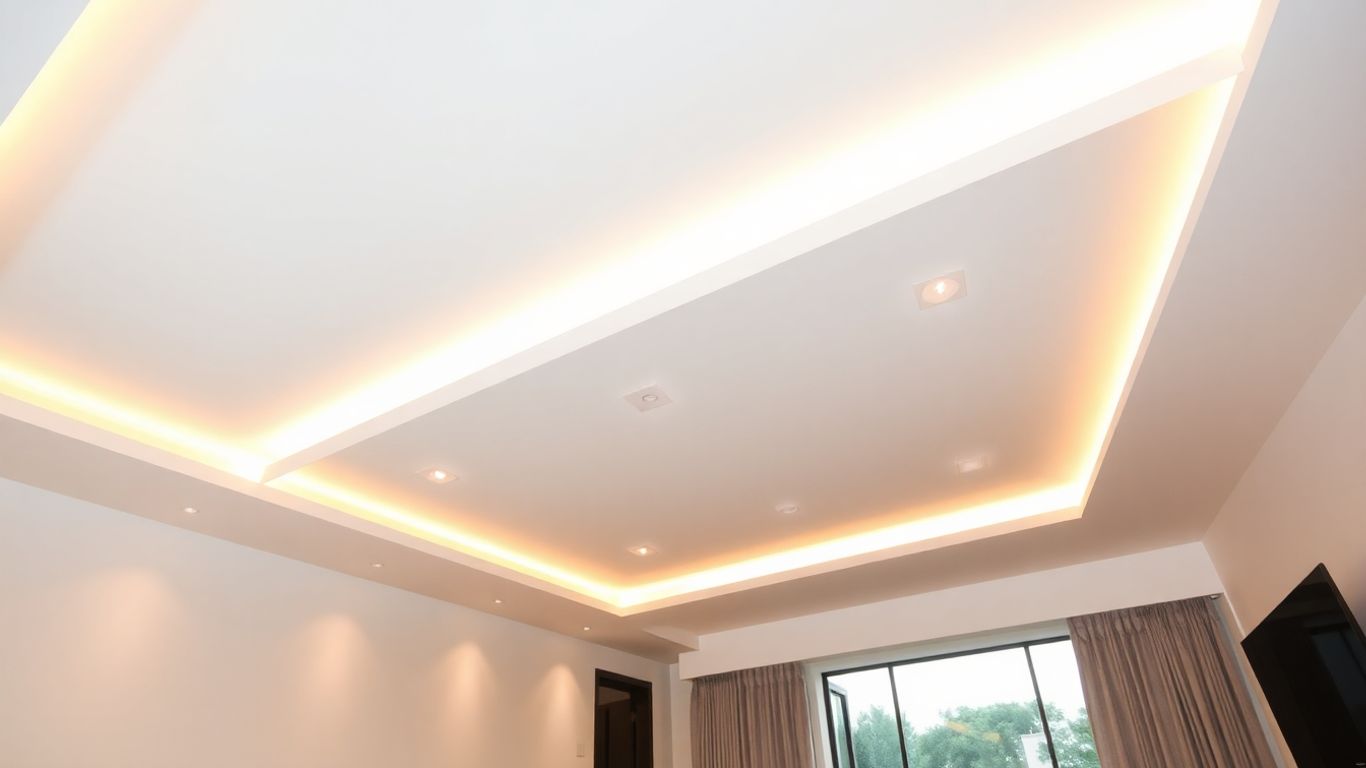 Recessed LED ceiling lights illuminating a modern living room.