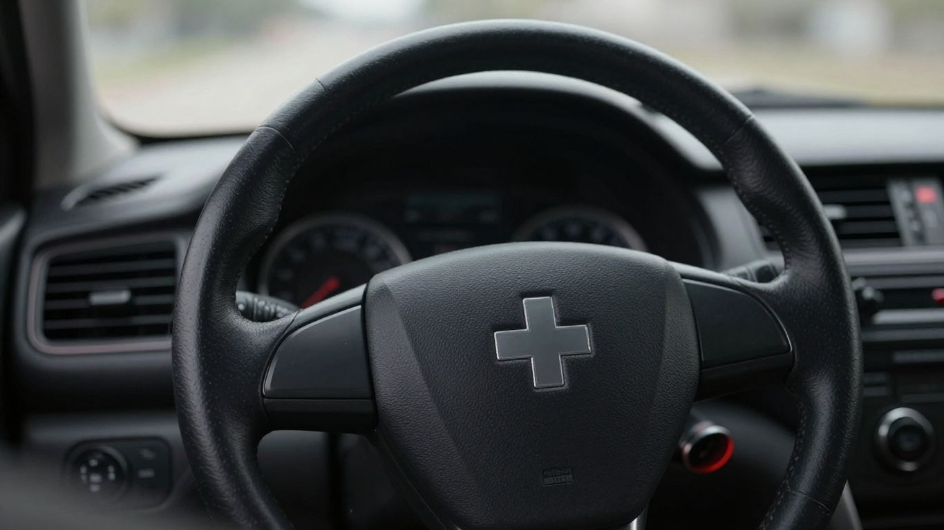 Car dashboard with medical cross on steering wheel.