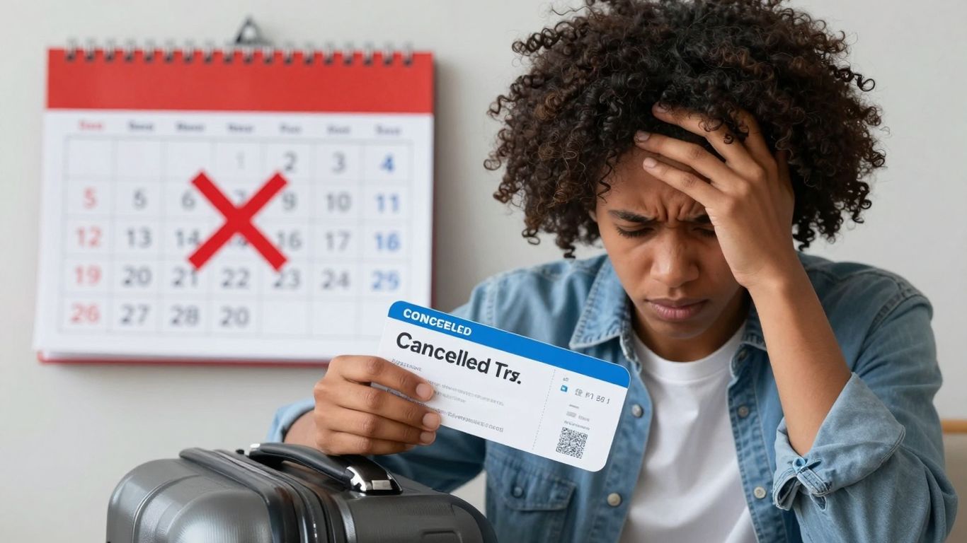 Person disappointed by a canceled trip.