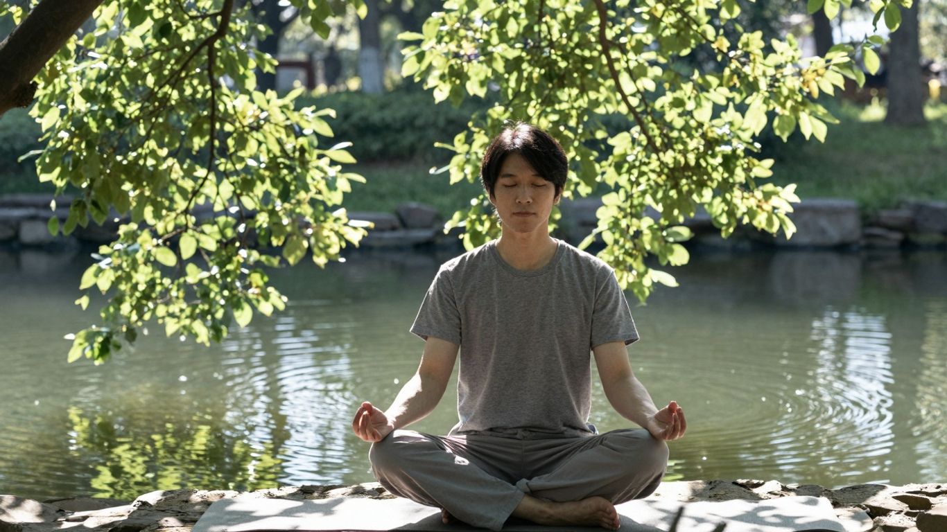 Person meditiert friedlich in der Natur.