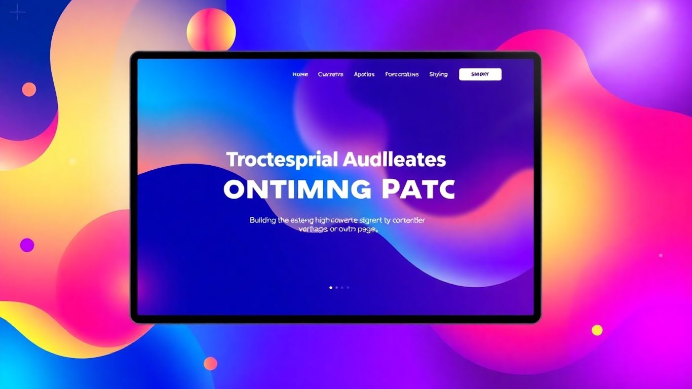 Landing page design interface with abstract background elements.