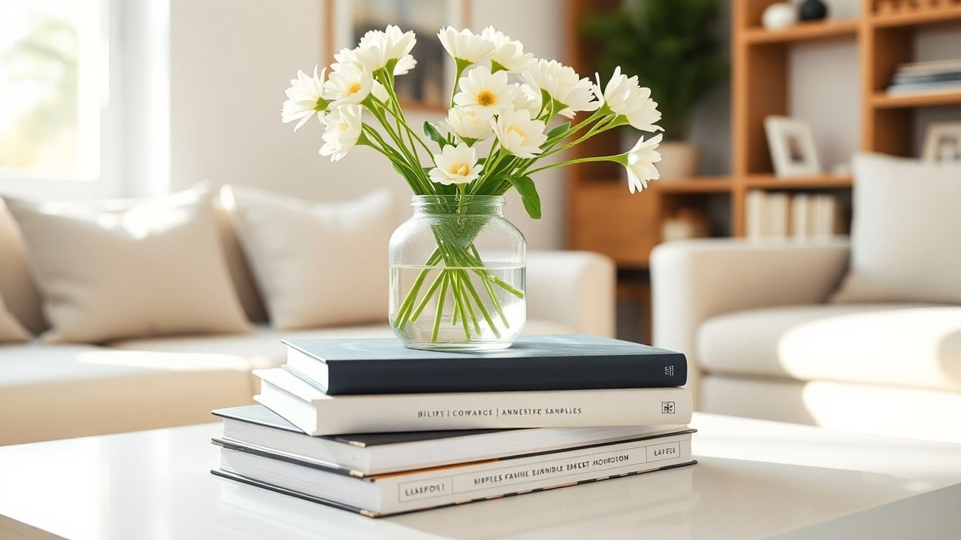 Vase with flowers placed on stacked books.