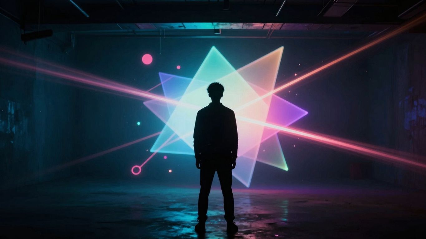 Abstract geometric shapes and light beams in a dark underground setting.