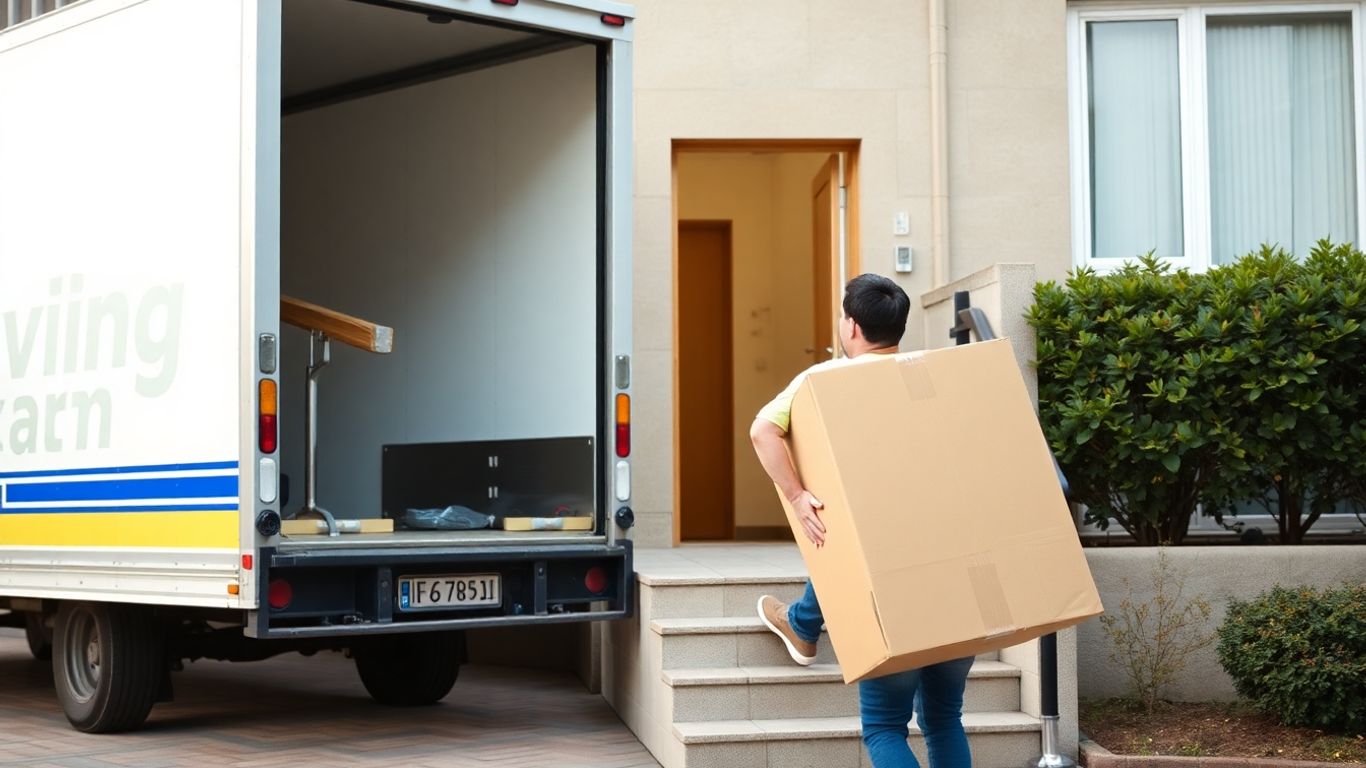 Moving truck and stairs with boxes