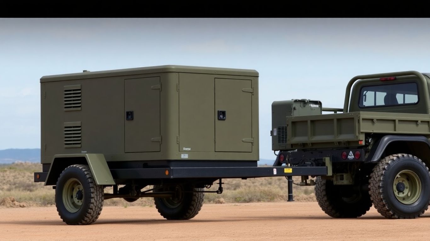 Military generator trailer attached to a vehicle, ready for towing.