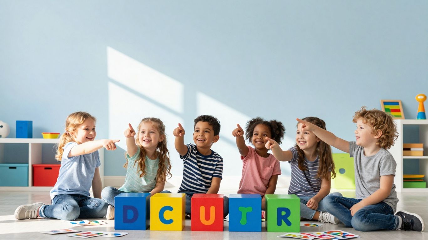 Preschoolers learning sight words with colorful blocks and cards.