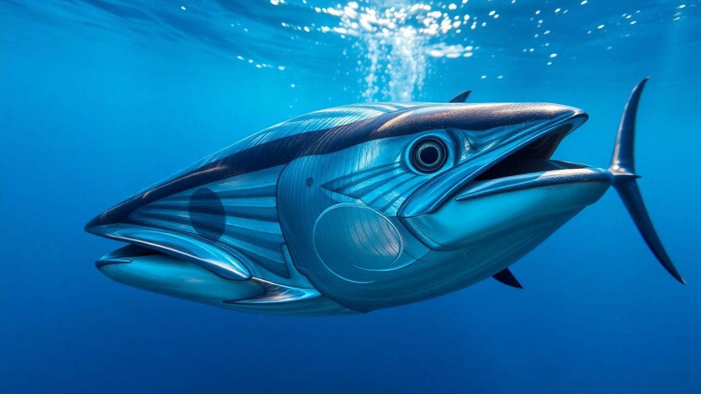 Atum nadando em águas azuis claras.