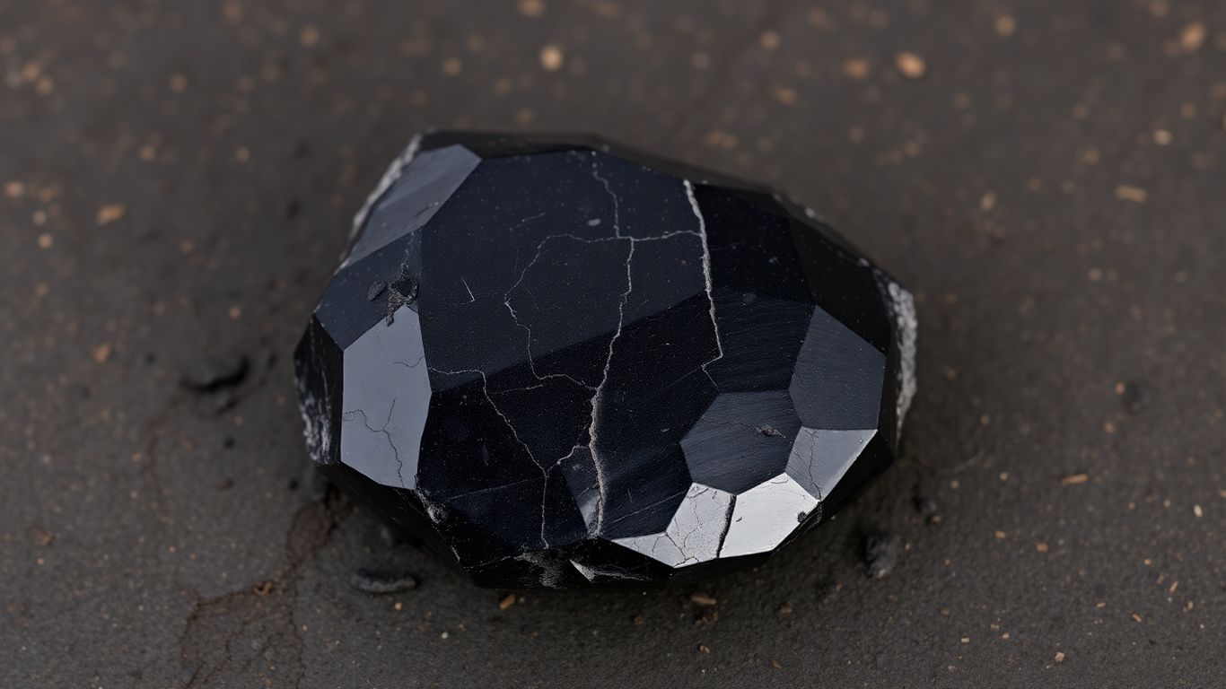 Polished black tourmaline crystal on a dark surface.