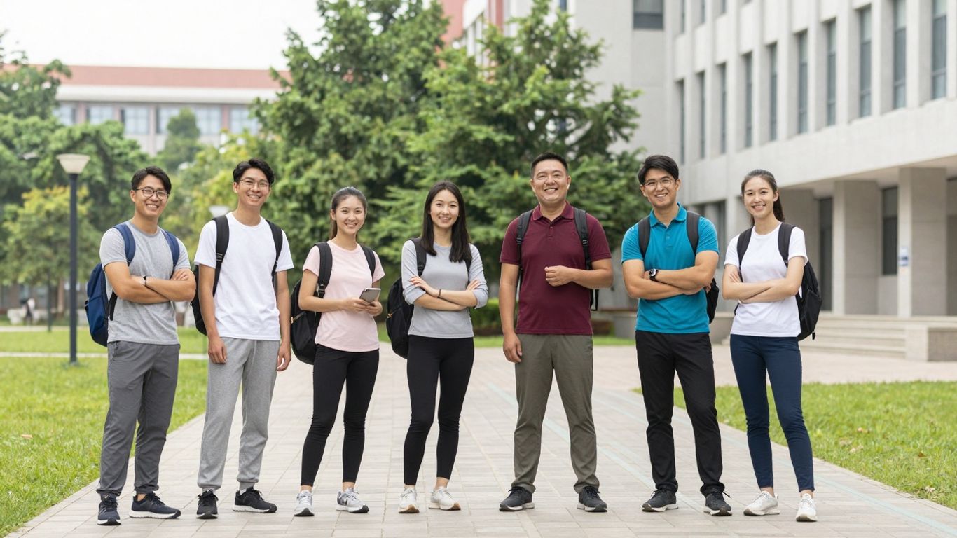 Absolwenci AWF na tle uczelni, uśmiechnięci i pewni siebie.