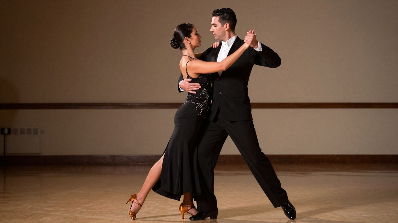 Ein Paar tanzt eng umschlungen in einem eleganten Tanzkurs.