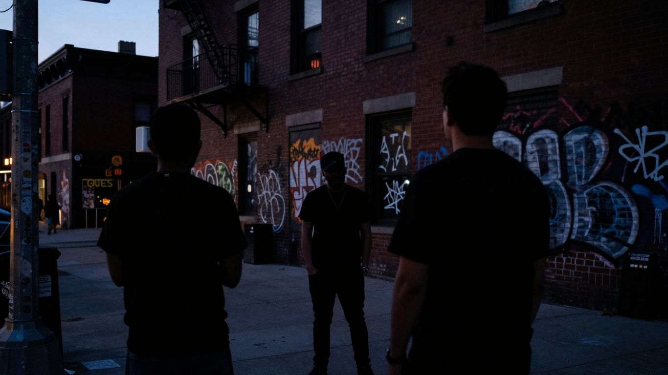 Chicago street at dusk, urban grit.