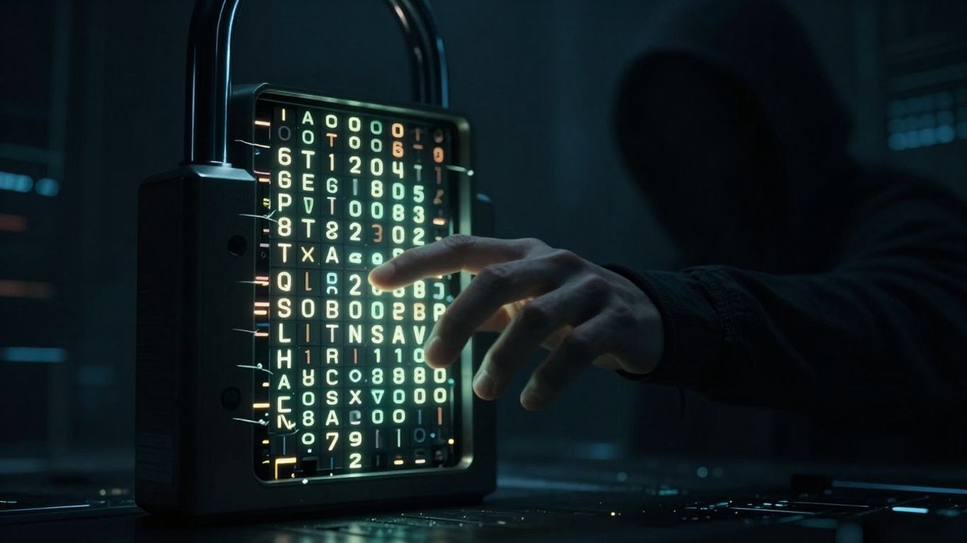 Cracked digital lock with glowing passwords and shadowy figure.