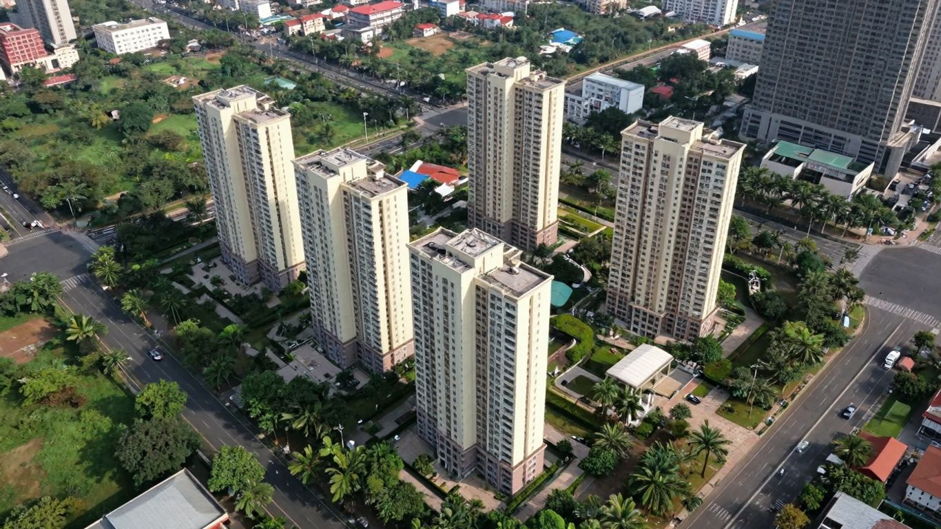 Aerial view of Piramal Vaikunth Balkum development and surrounding infrastructure.