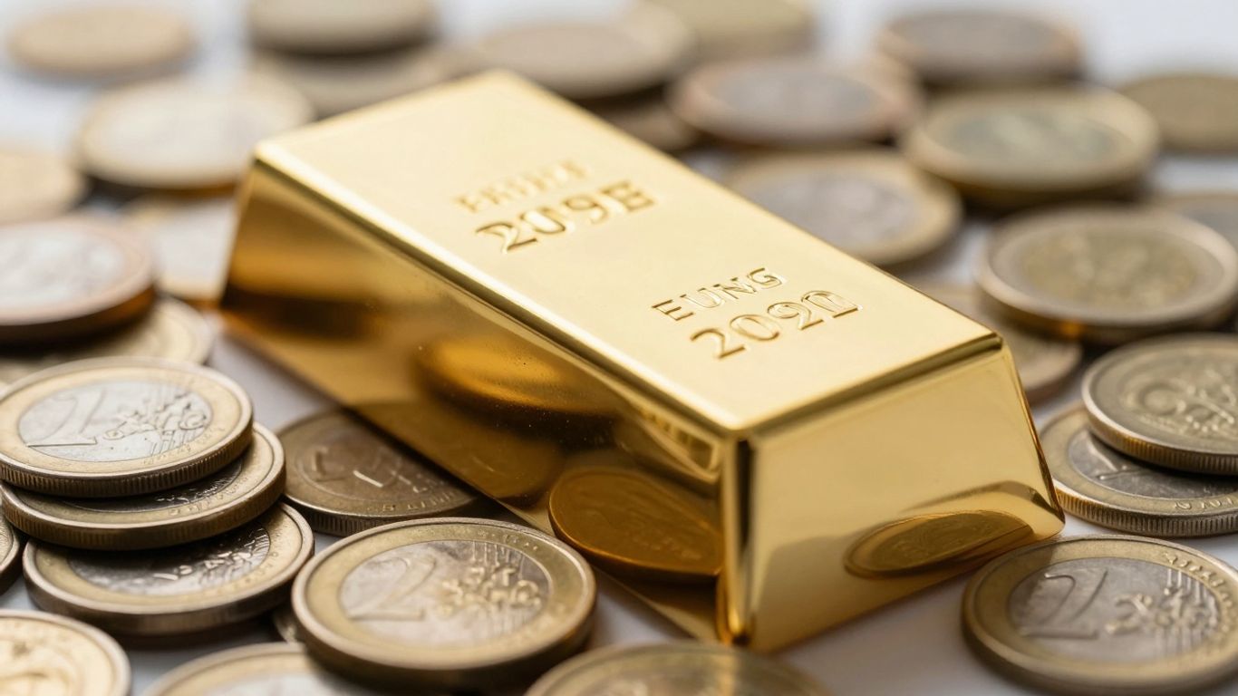 欧元硬币上的金条反射着光线。