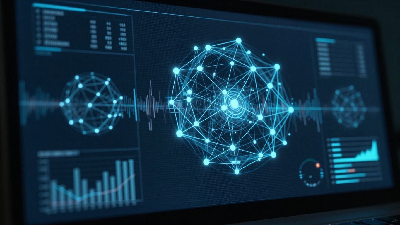 Cyber security dashboard with data visualizations and network connections.
