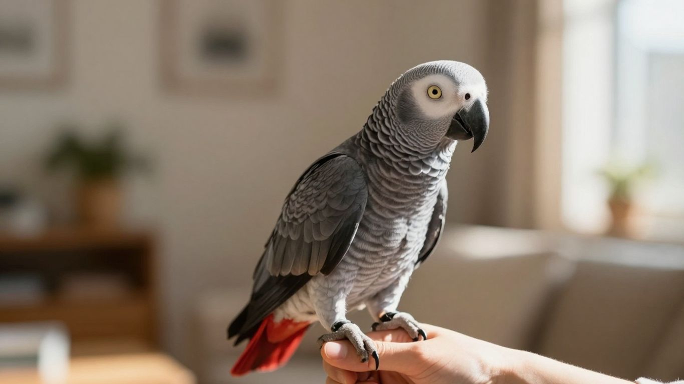 African Grey parrot perched on a hand in a home.