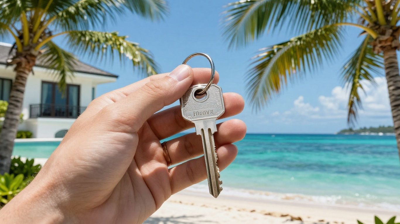 Key unlocking a luxury villa with a tropical beach view.