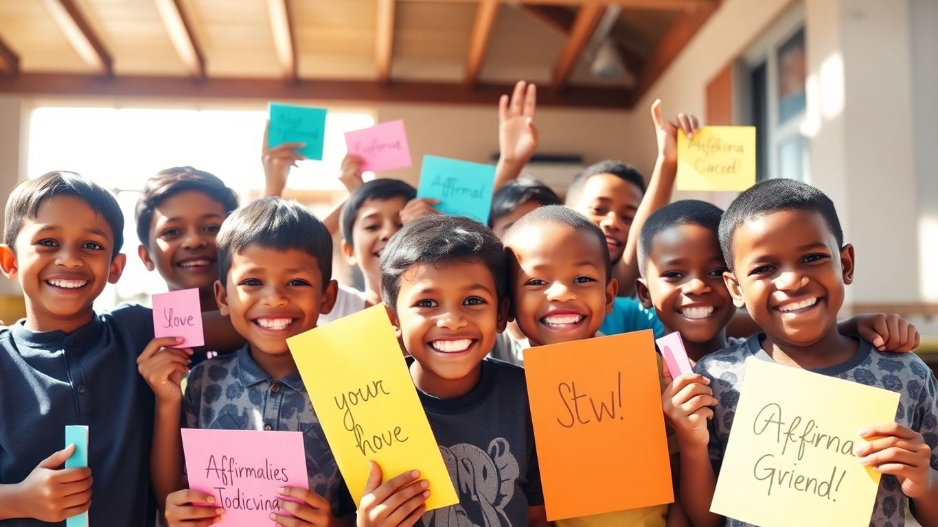 Boys smiling with affirmation products