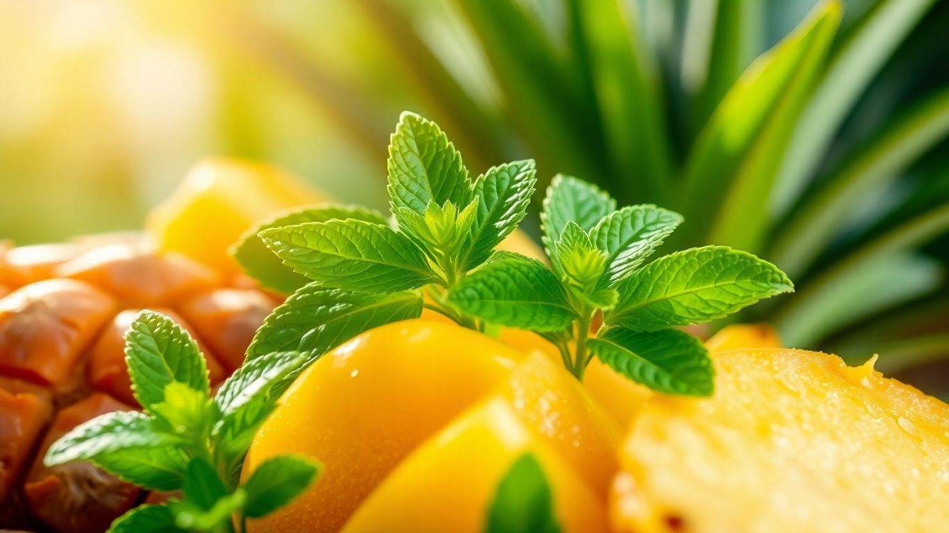 Refreshing mint leaves and tropical fruits in a close-up photograph.
