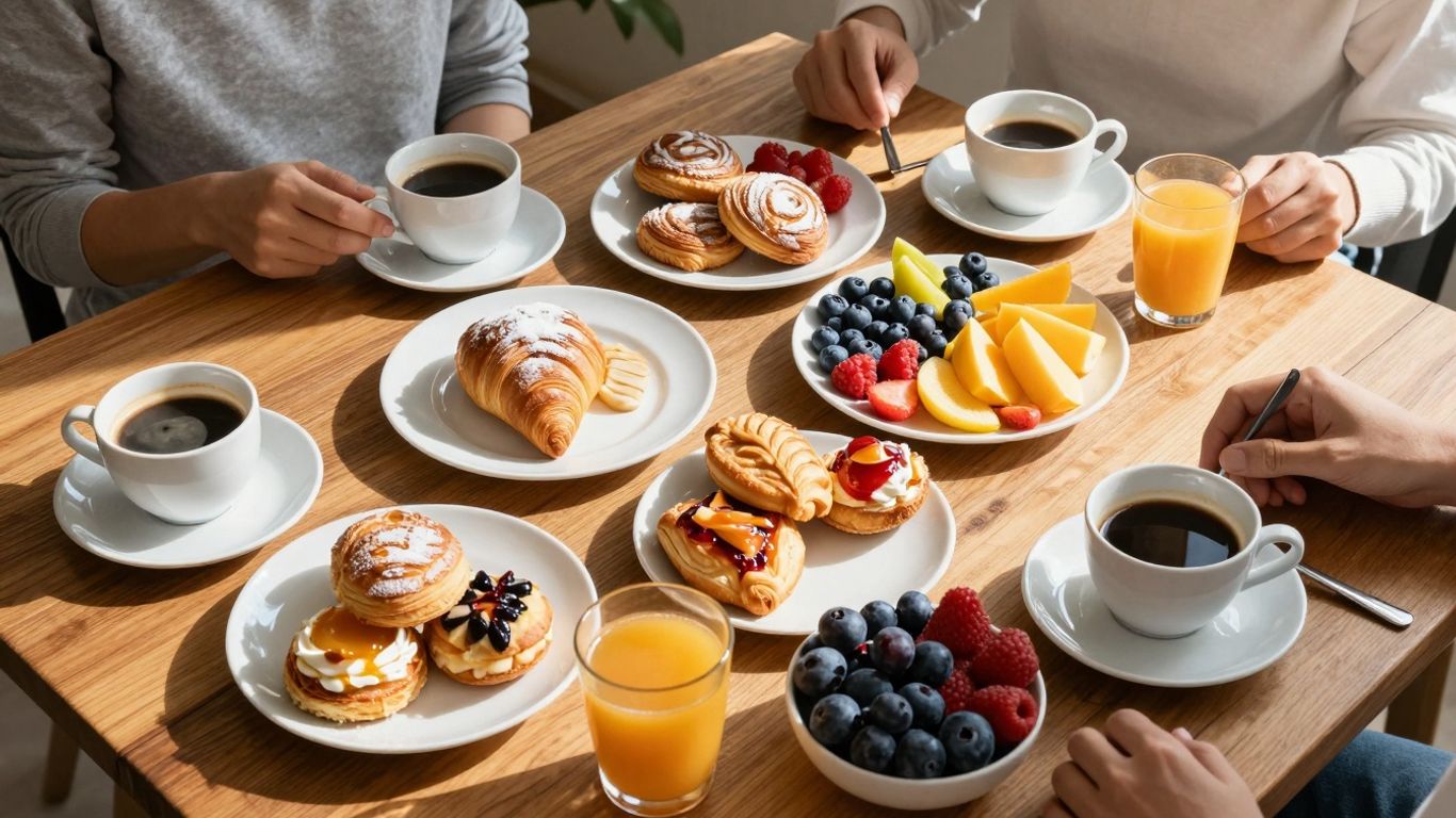 Breakfast meeting spread with pastries, fruit, and coffee.