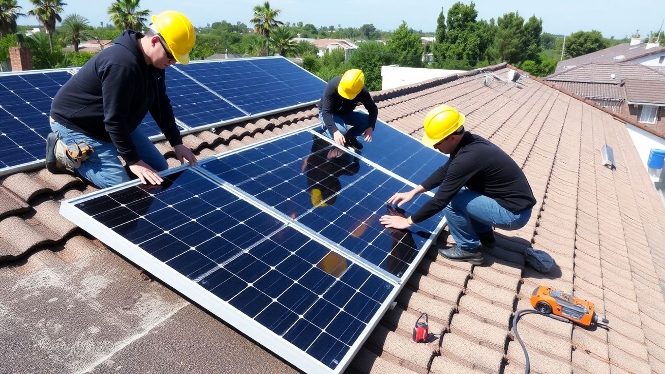 Installation de panneaux solaires sur un toit.