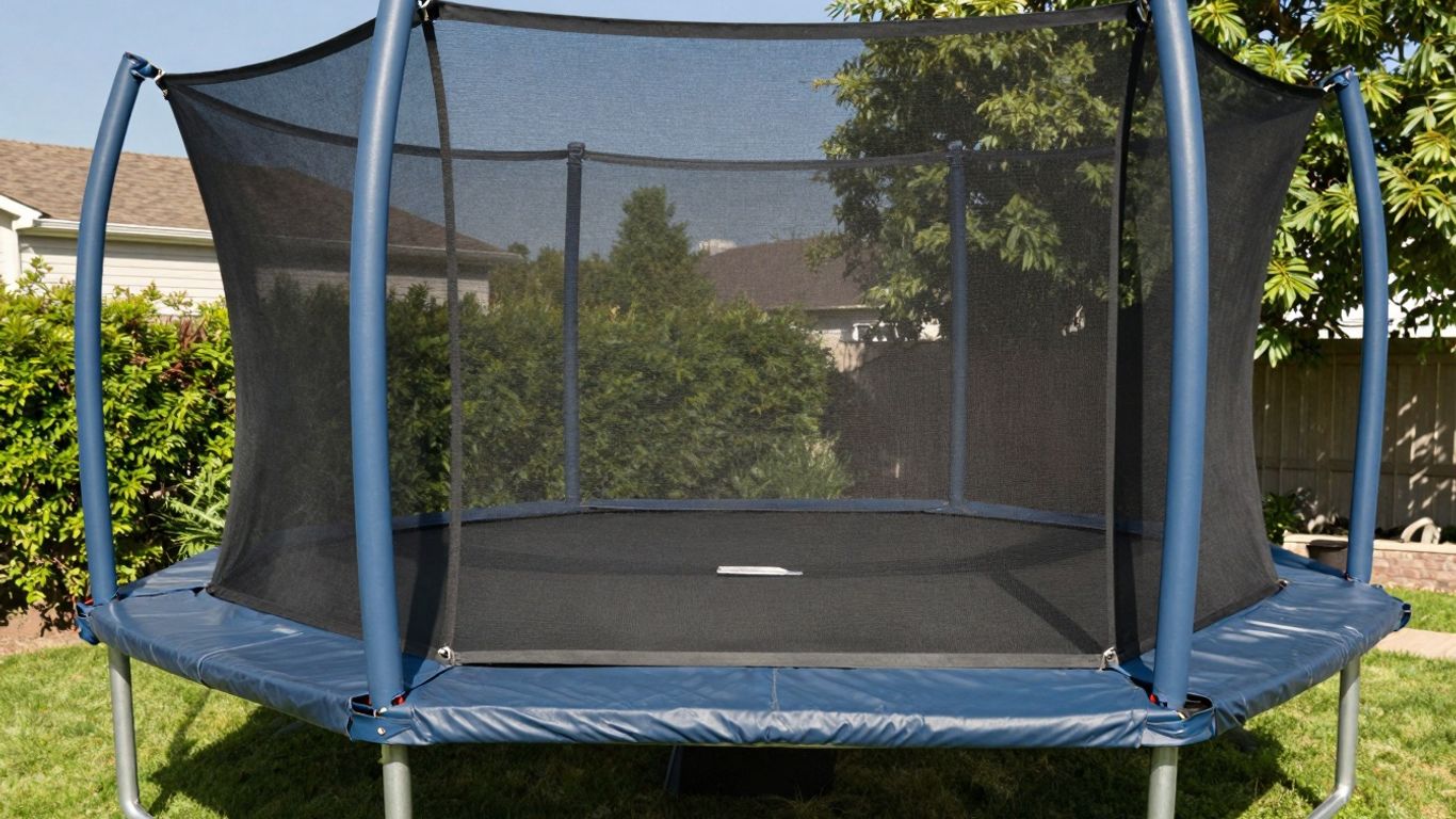 14ft trampoline with safety net in a backyard.