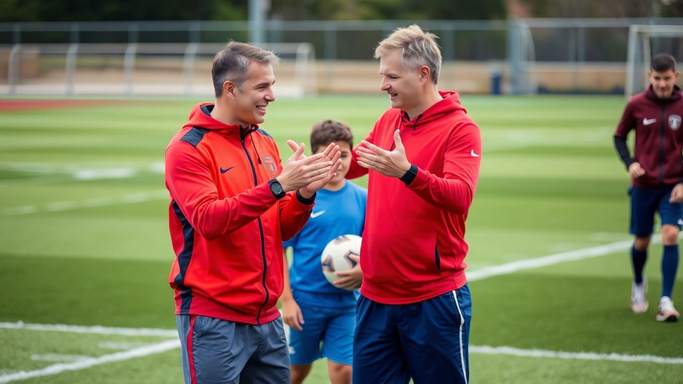 Trainer gibt Sportler Feedback auf dem Feld