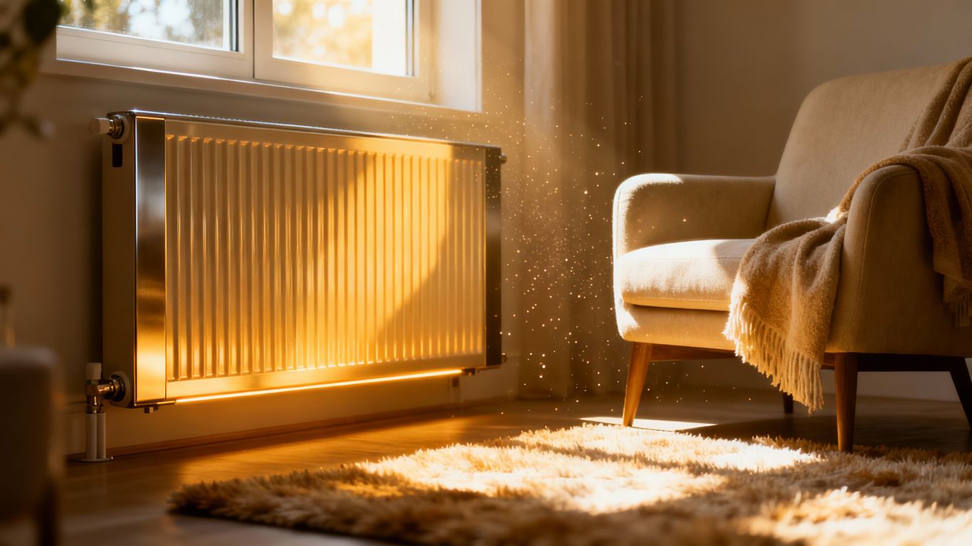 Cozy living room with a modern radiator and warm sunlight.