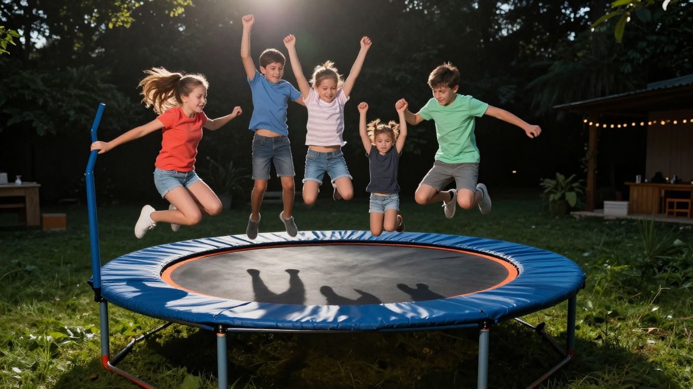 Family jumping on a trampoline during Black Friday sale.