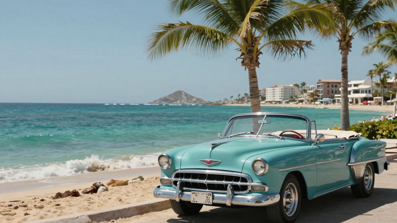 Convertible car parked on a sunny Cabo beach with ocean views.