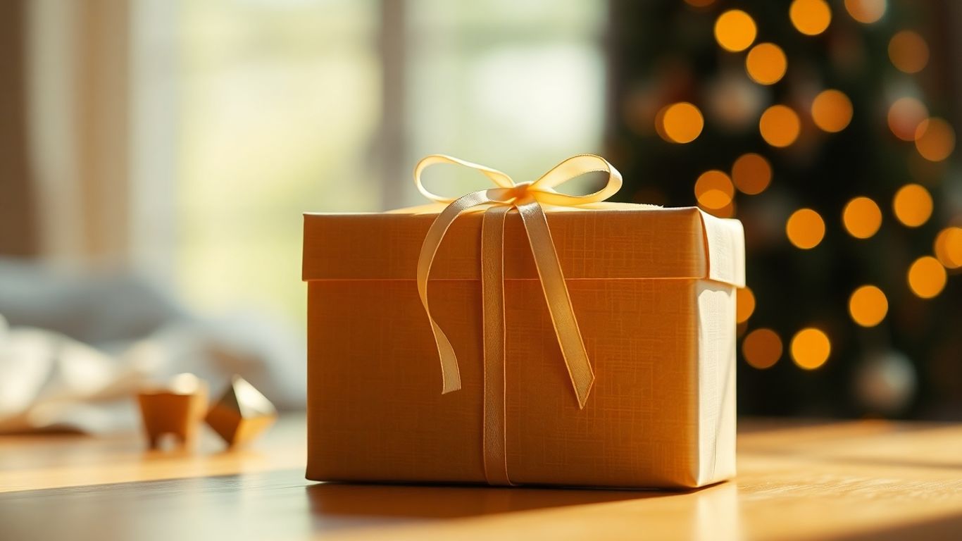 Beautifully wrapped gift box with ribbon, soft light.