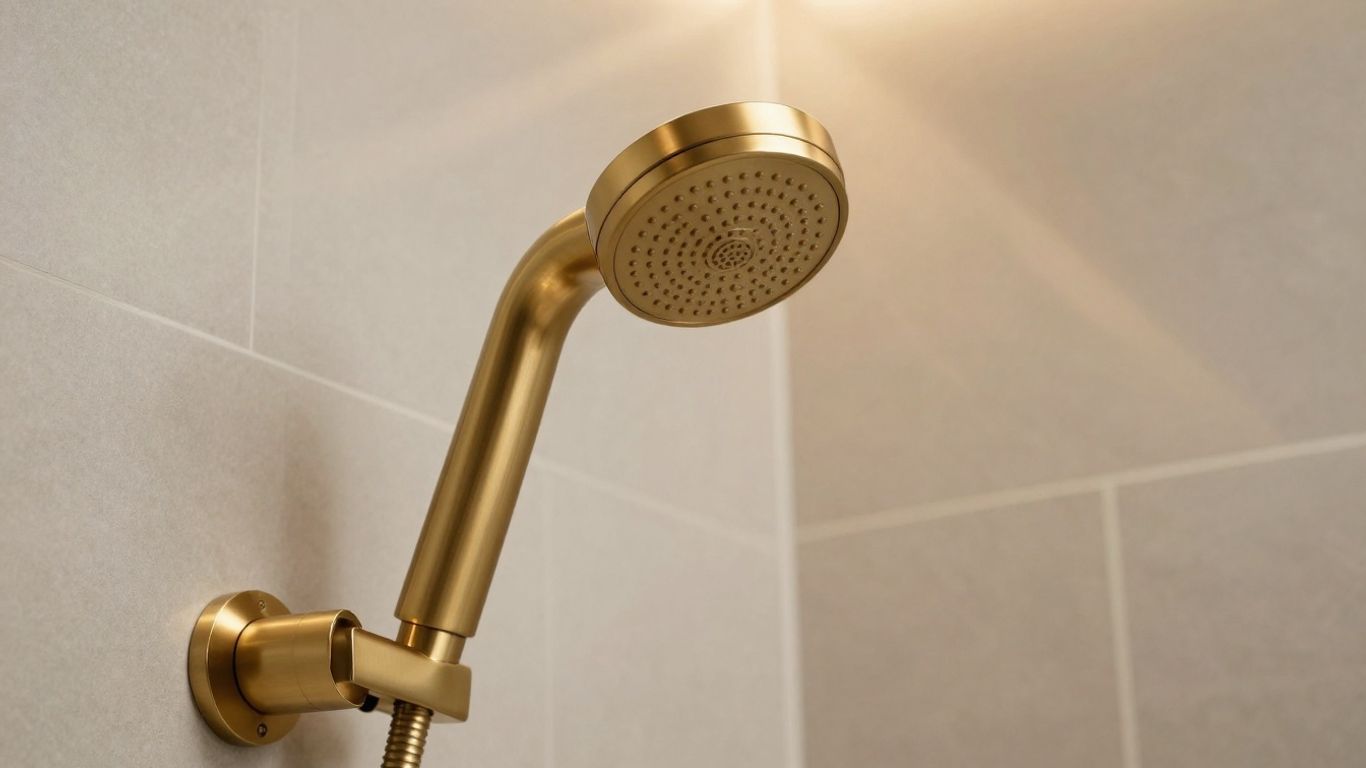 Brushed gold shower fixtures in a modern bathroom.