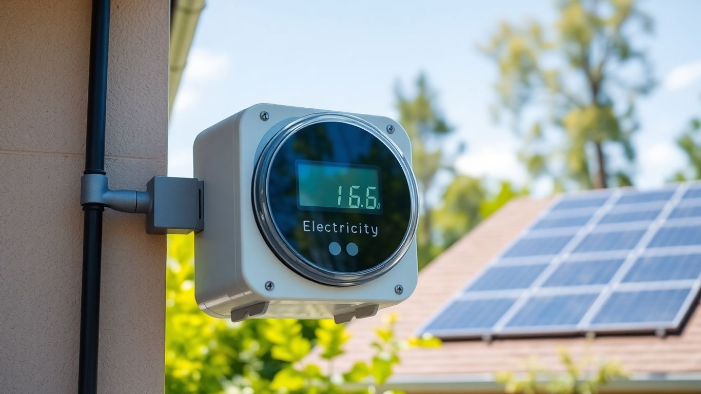 Contor inteligent și panouri solare pe o casă modernă.