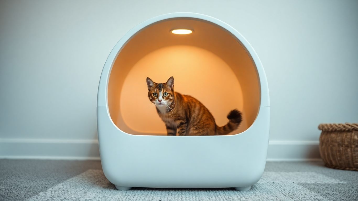 Hooded cat box with a cat peeking out.
