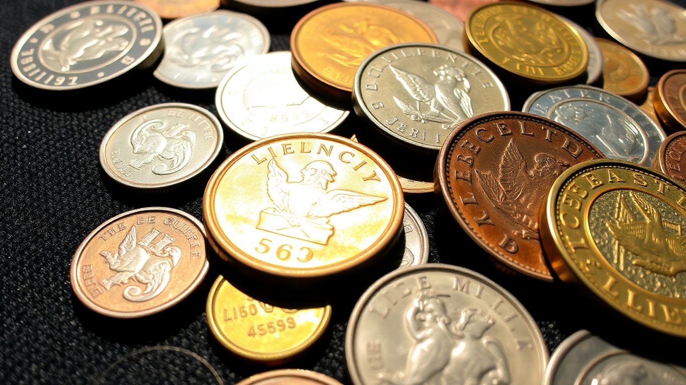 Collectible coins arranged on a dark surface.