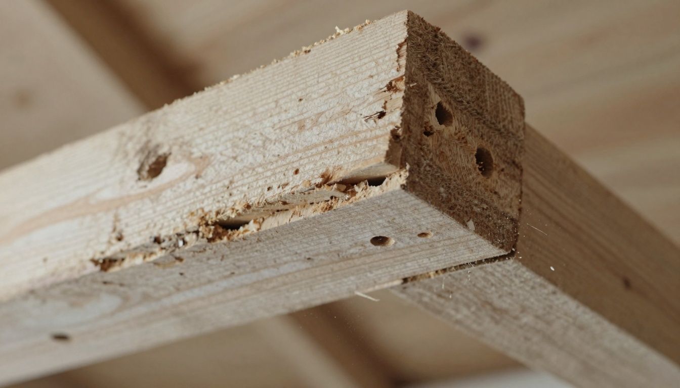 Damaged wooden beam with tunnels and sawdust, indicating insect infestation.