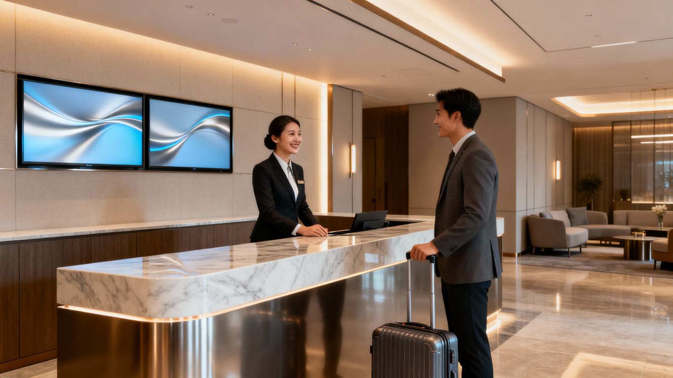 Hotel lobby with concierge and guest, digital displays.