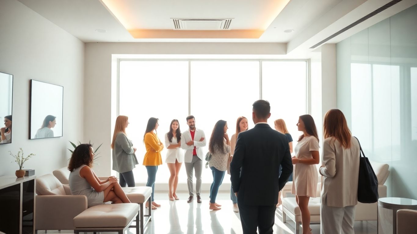 Modern med spa interior with happy clients.