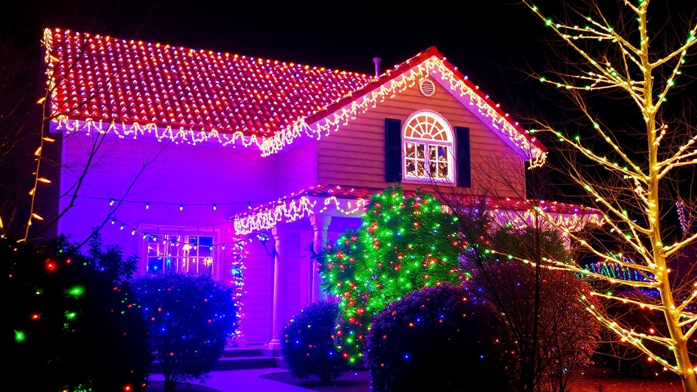 House decorated with bright Christmas lights for the holidays.