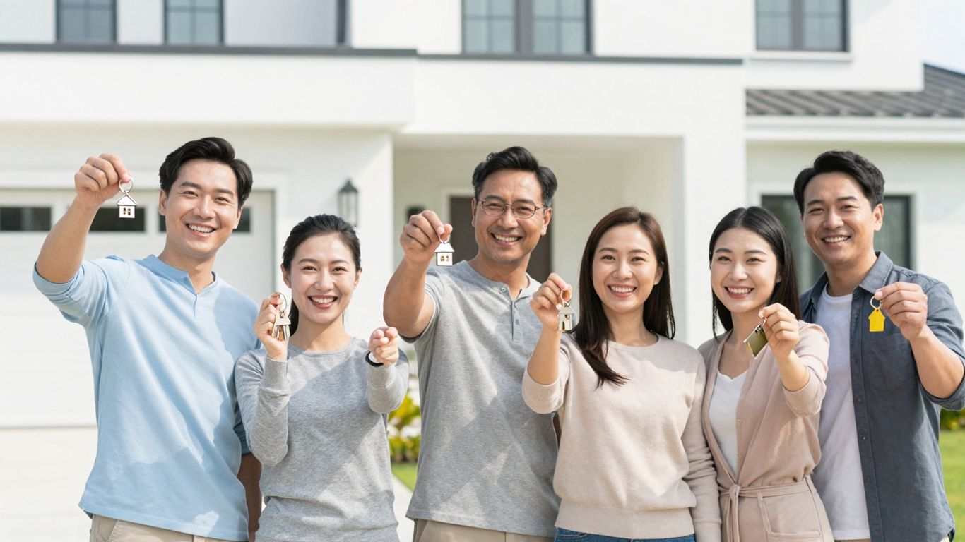 Happy homebuyers with keys in front of a house.