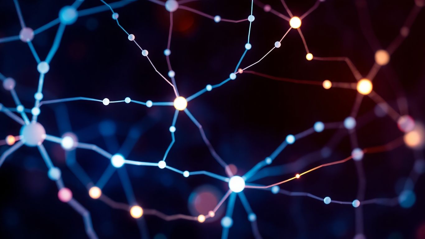 Abstract glowing neural network with light trails.