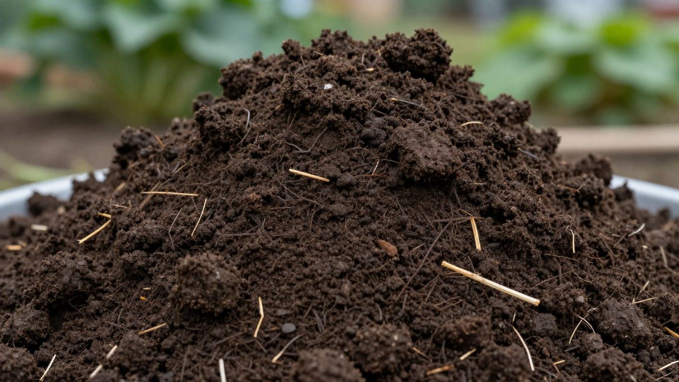 Estrume de cavalo compostado em uma horta.