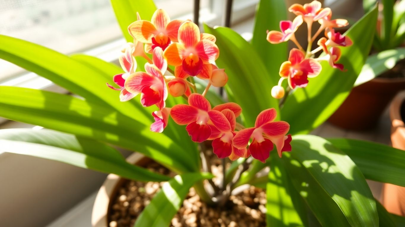 Orquídea saudável com folhas verdes e flores coloridas.