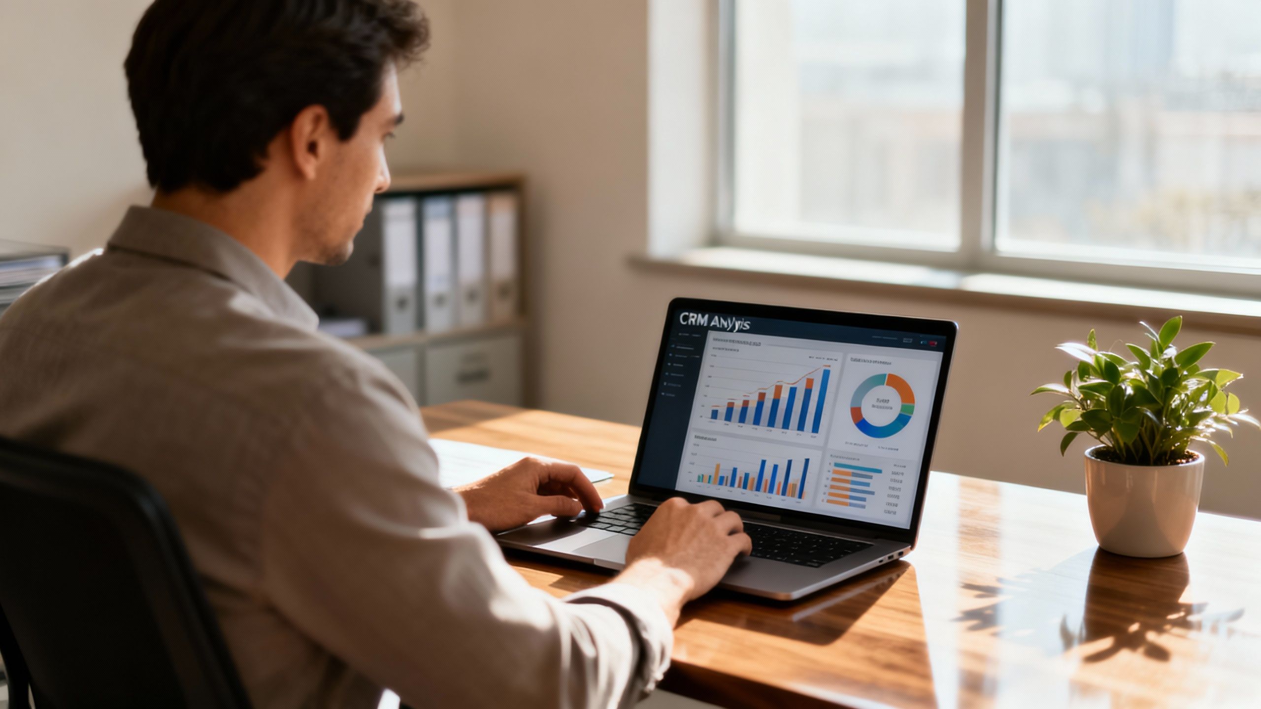 A business owner reviewing CRM analytics on a laptop in a modern office