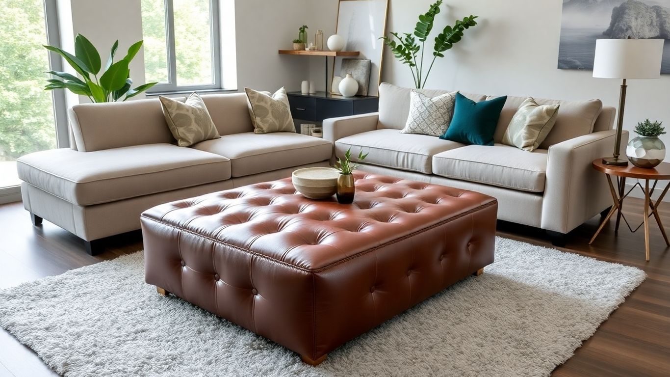 Brown leather ottoman in stylish modern living room
